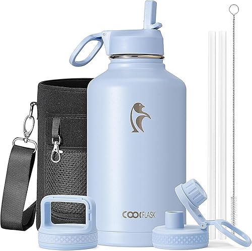 Miniatura 51 de Coolflask - Botella de agua de 64 onzas, aislada, con popote y 3 tapas, con diseño Galaxy, de acero inoxidable al vacío, mantiene las bebidas frías