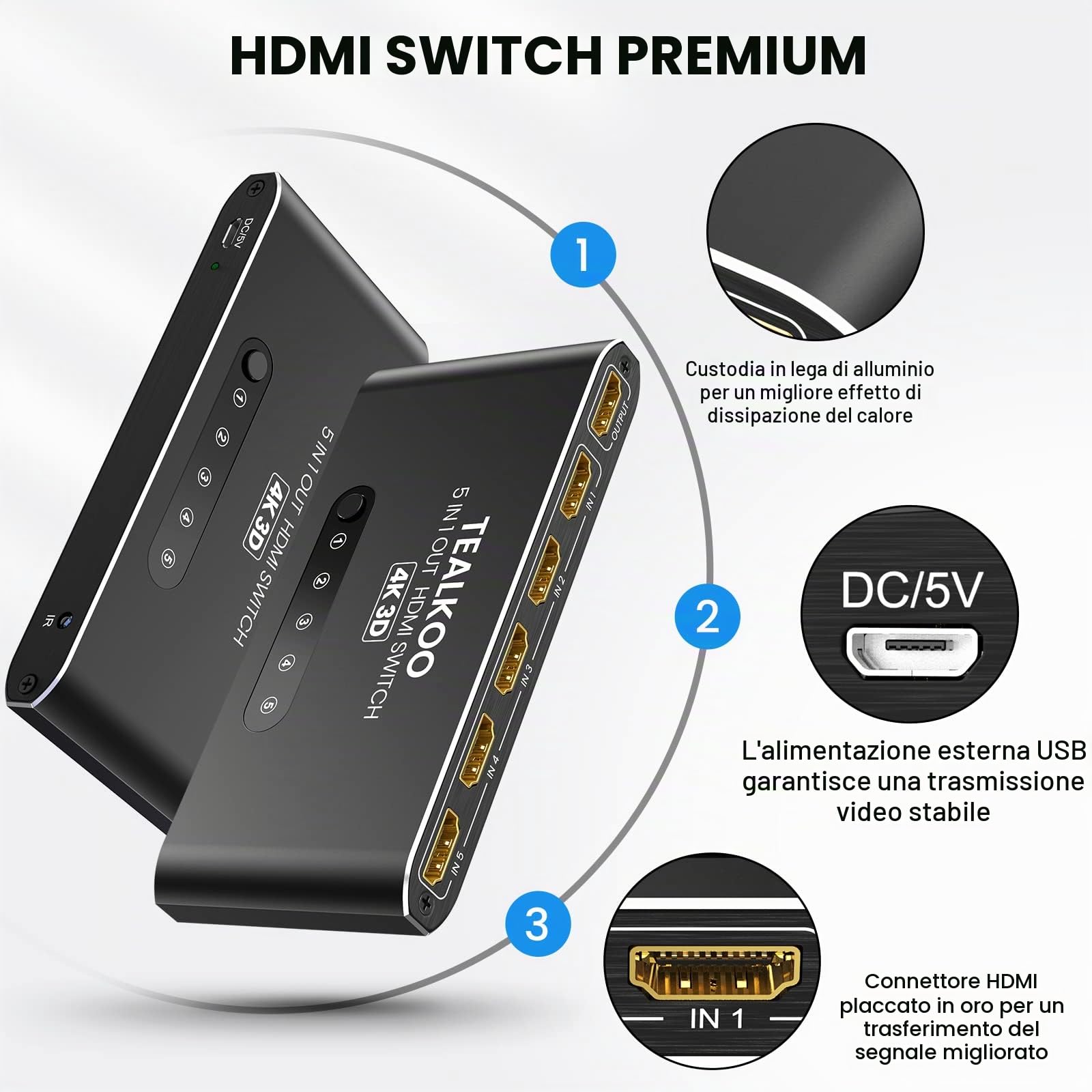 Splitter HDMI 5 in 1 Out – 4K Aliminium Switch automatico con telecomando – Commutatore supporta 4K 3D HDR per PS4, Xbox, TV Stick, lettore Blu-Ray