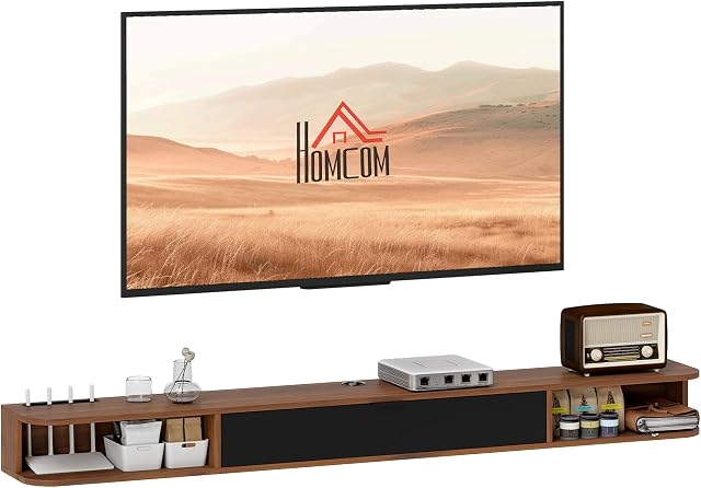HOMCOM 71" Floating TV Stand for TVs up to 75 Inch, Modern Wall Mounted Media Console with Flip Drawer, 2 Open Shelves and Cable Management for Living Room, Walnut