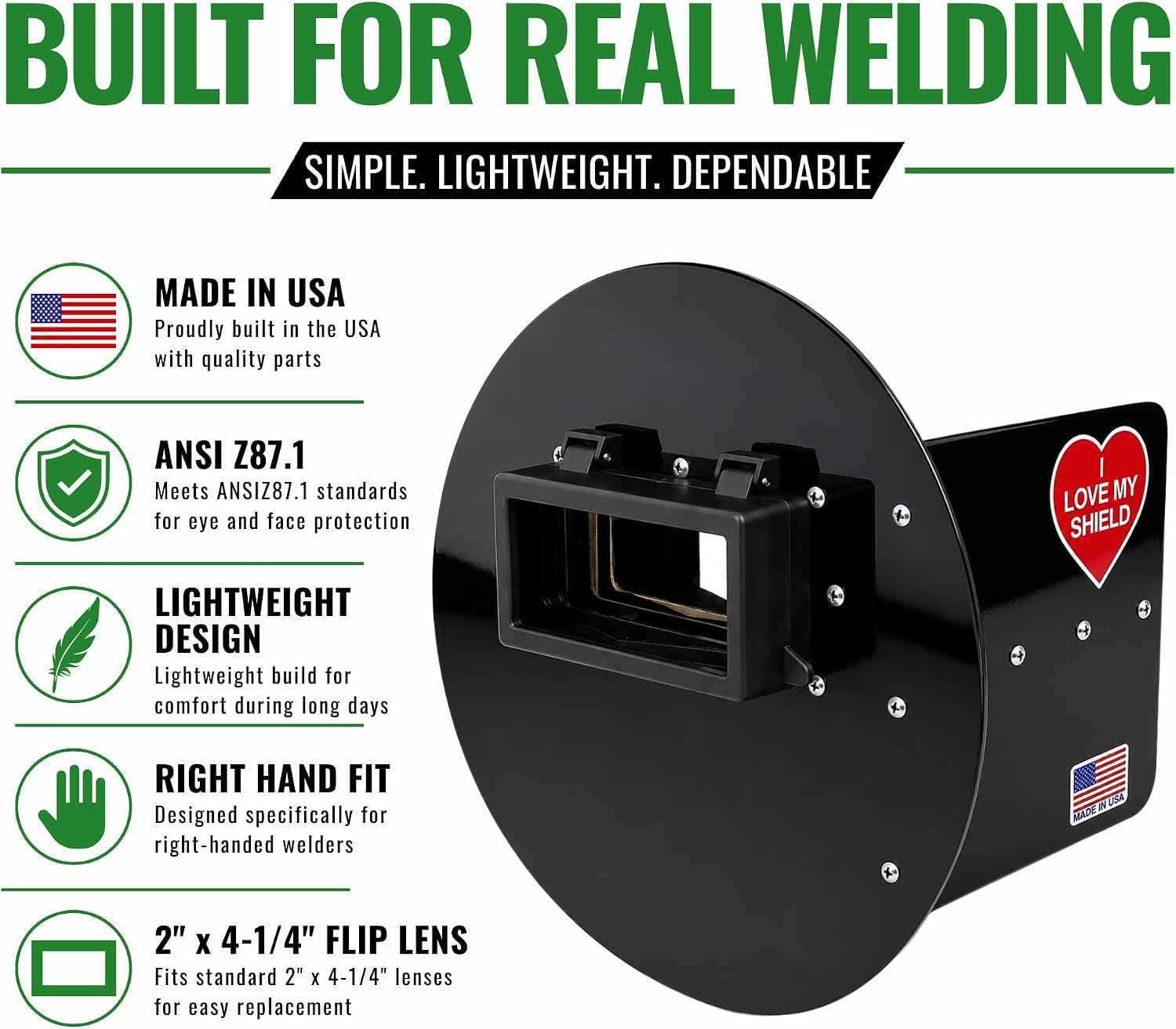 Black Flip-Up Pancake Welding Hood Right Handed, 2" x 4-1/4" Lens Welding Shield, ANSI Z87.1, Lightweight Low Profile, MADE IN USA