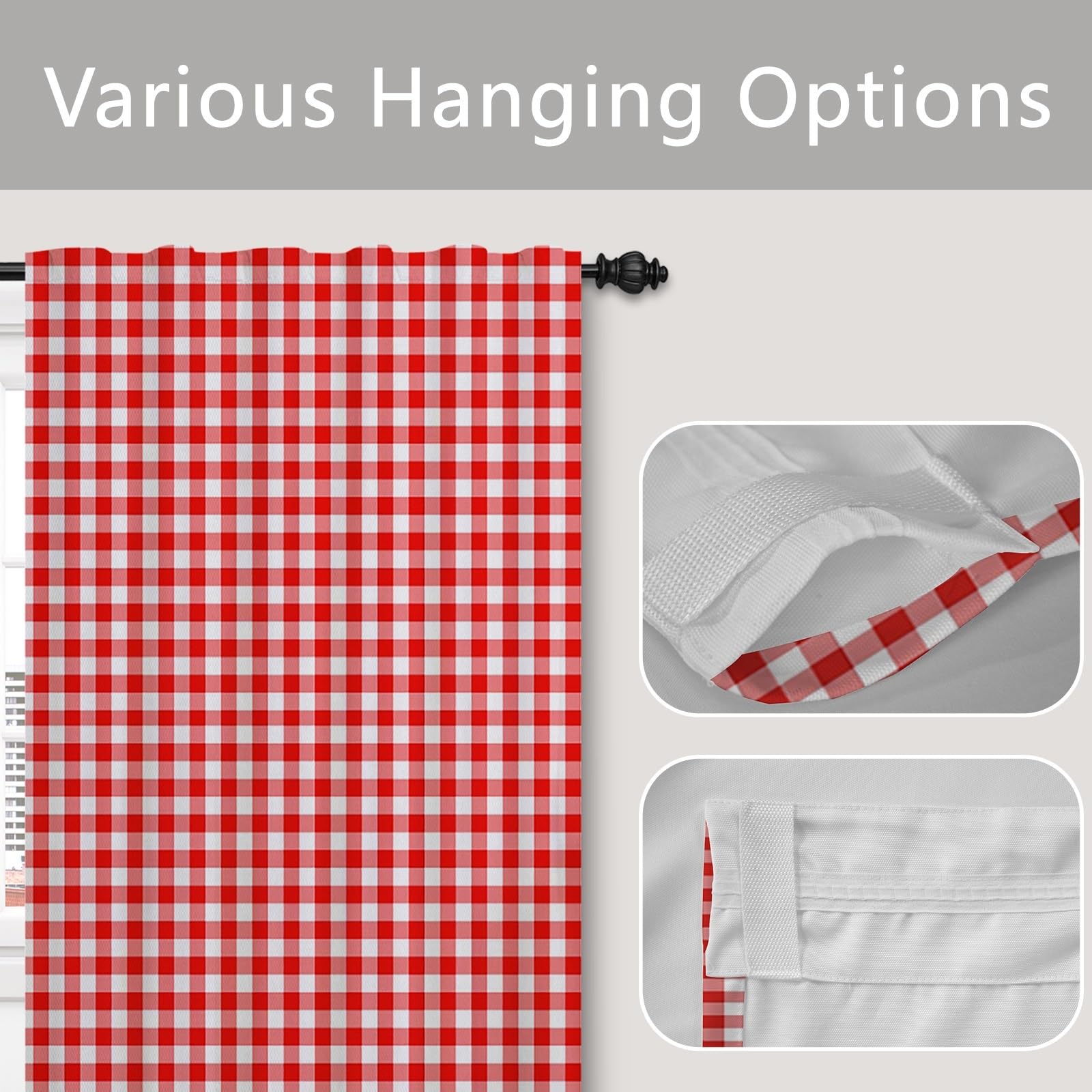 Tende a Quadri Rosso e Bianco Per Soggiorno Fattoria - Trattamenti Per Finestre Camera da Letto Cameretta Interno Porta - Linguetta Posteriore 132x214cm 1 Pannello