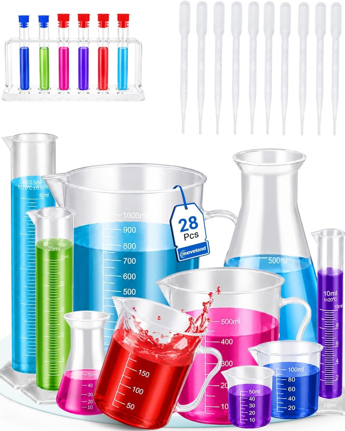 moveland 28 PCS Plastic Test Tubes and Beaker for Classroom and Lab Use | Thick plastic lab set – break-resistant & durable for repeated use. Ideal for school measurement or home color potion play.