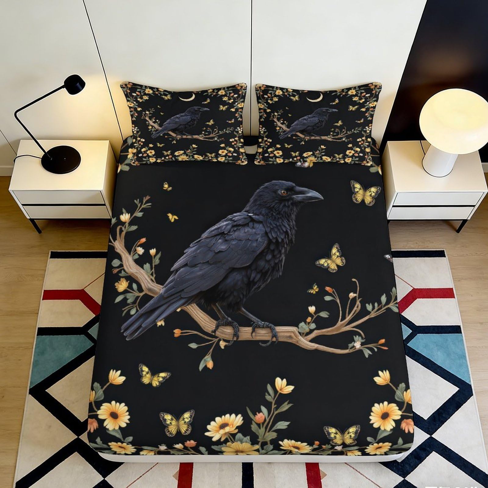 3D Printed Raven Floral Fitted Sheet Microfiber Deep Pocket Non-Slip Bedroom Bedding Raven Floral Mattress Fitted Cover Washable 200x200x25cm