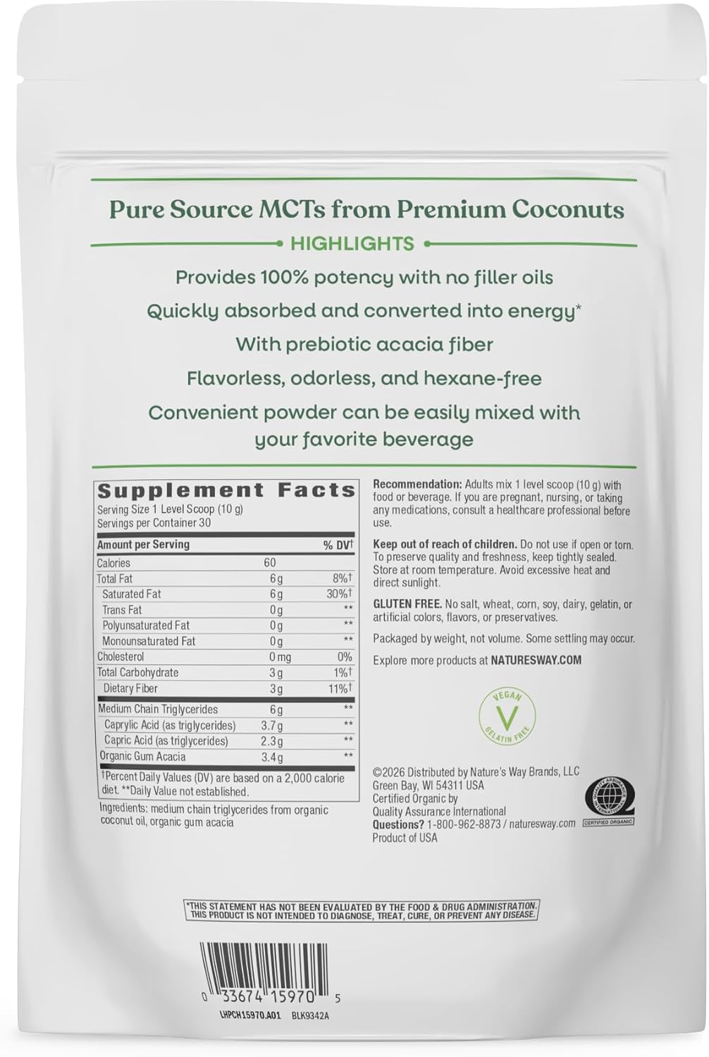 Nature's Way Organic MCT Oil Powder, Brain and Body Fuel*, Coconut MCT Oil with C8 Caprylic & C10 Capric Acids, 6 g Medium Chain Triglycerides per Serving, 30 Servings, 10.6 oz