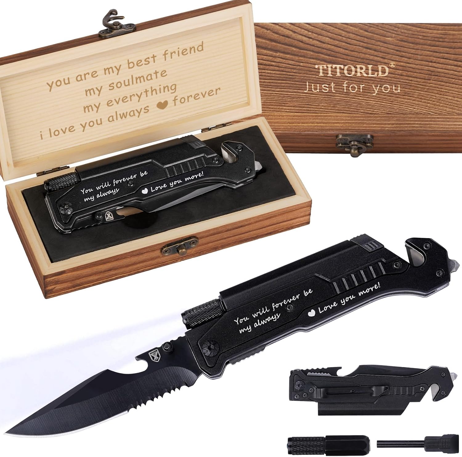 Gifts for Him Men Valentines Day, Anniversary Birthday Gifts for Him Boyfriend Husband, Engraved Pocket Knife, Camping Hiking Multitool Knife Present, 7 in 1 Folding Knives with Wood Box, LED Light