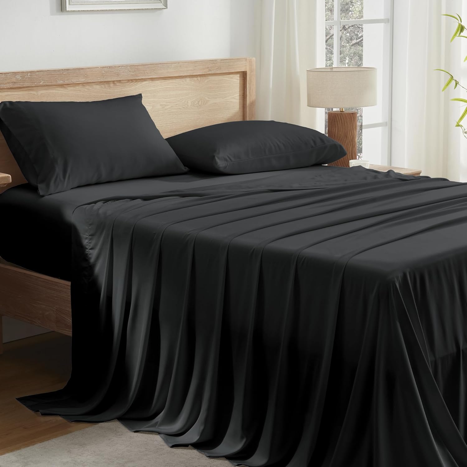 Andency Black Queen Sheets Set, 100% Viscose Derived from Bamboo, Cooling Bed Sheets Queen Size, Deep Pocket Up to 16", Silky Soft Sheets, Hotel Luxury Breathable Bedding Sheets & Pillowcases… - Image 3