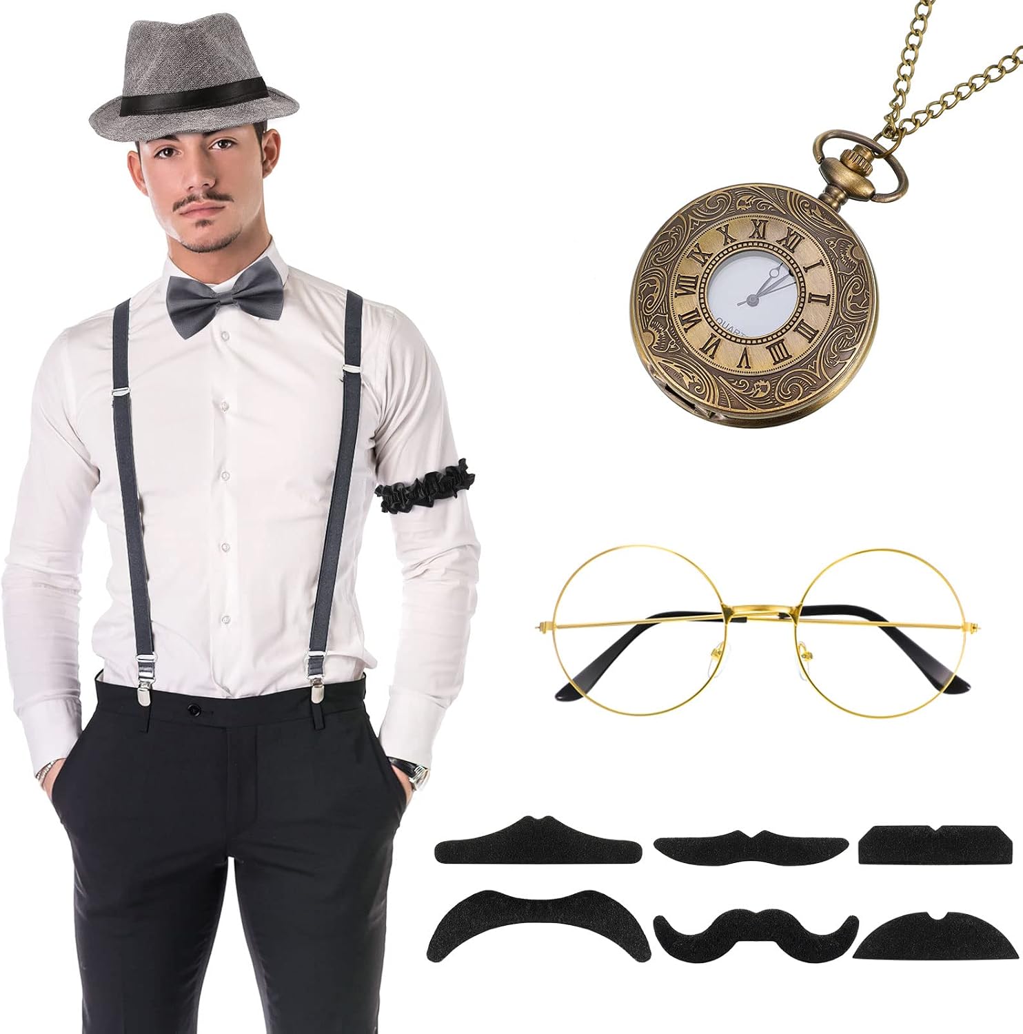 SATINIOR 1920s Old Men Costume Roaring Retro Accessories Set Gangster Hat Bow Tie Pocket Watch Suspender Glass Beard Tie Clip
