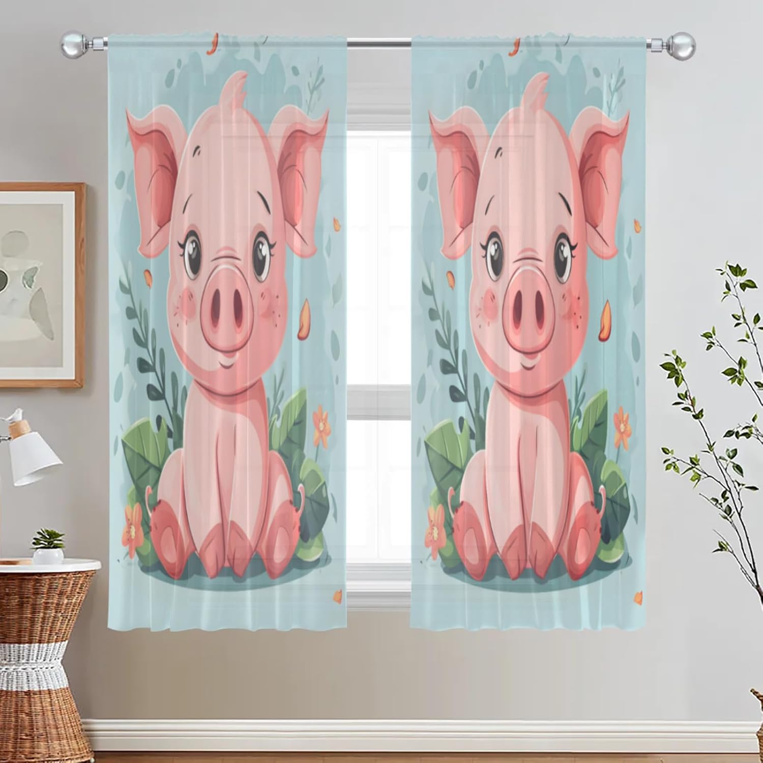 Pig Sheer Curtains 63 Inch Length, Animal Funny Cute Piggy Privacy Window Treatment Decor Abstract Drape Pair 2 Panels Set for Bedroom Kitchen 52" W x 63" L