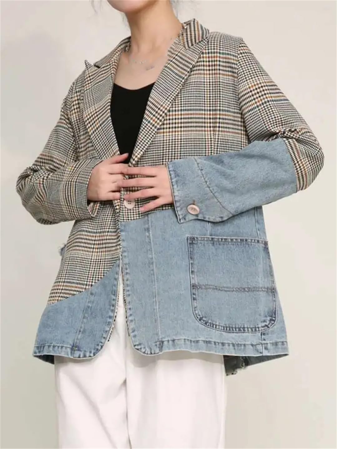 Women Plaid Denim Loose Fit Blazer Notched Neck Long Sleeve Pockets Formal Suit Coats