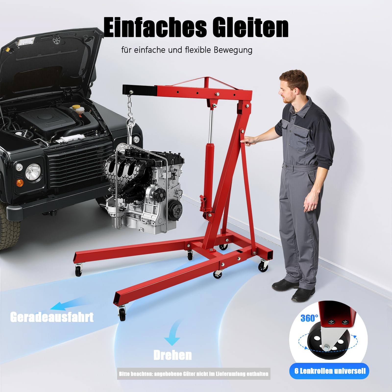 Werkstattkran Klappbar mit 4 Einstellbaren Positionen, 2000 KG Motorkran Motorheber aus Kohlenstoffstahl, 6 Eisen-Lenkrollen, Max. 210 cm Hakenabstand vom Boden, Rot (2-Pack-Sendung)