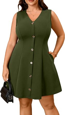RWJ Womens Plus Size Summer Casual Dress Sleeveless V Neck Button Down A Line Mini Sundress with Pockets 2026