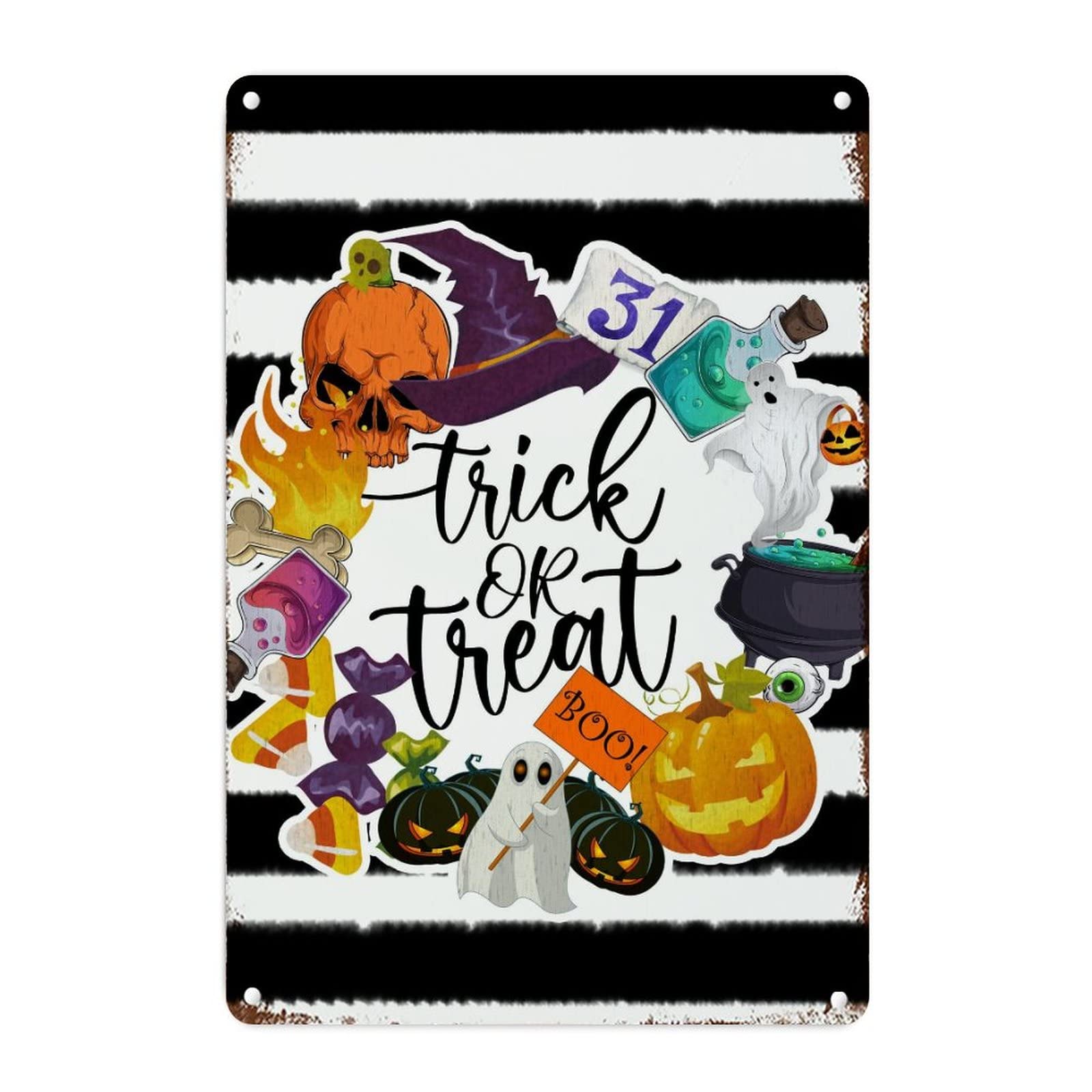 Plaque murale en métal d'Halloween aux rayures blanches et noires, dimensions 45,7 x 30,5 cm