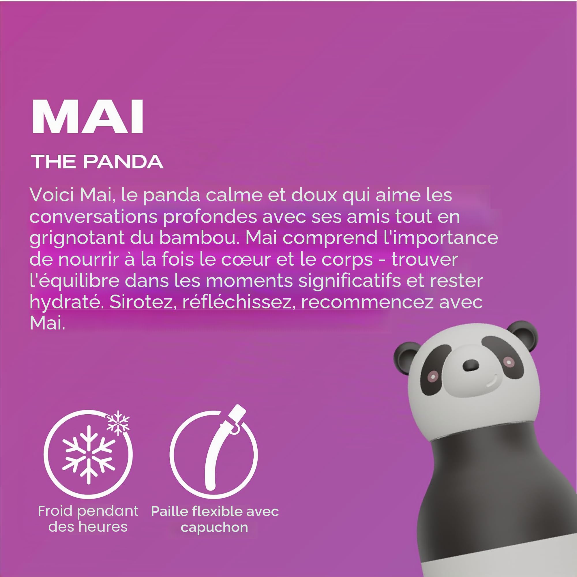Asobu Bestie Gourde isotherme en acier inoxydable pour enfant avec paille - 420 ml - Avec tête de panda - Anti-fuite et sans BPA