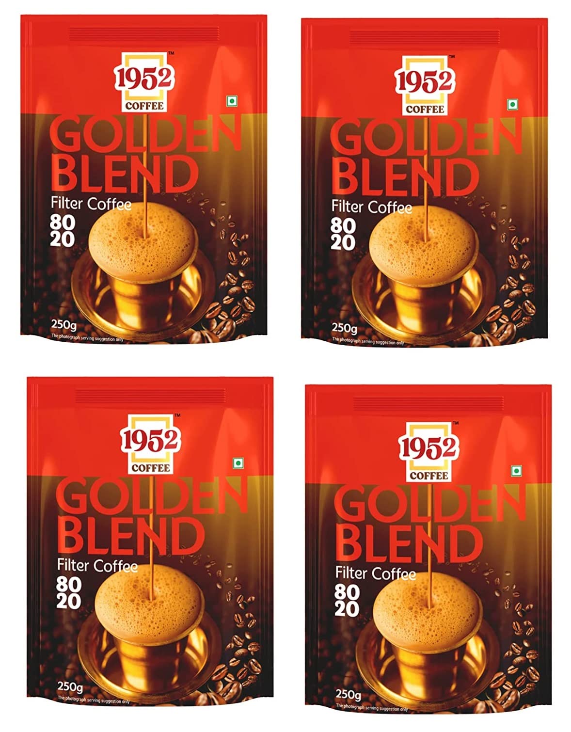 1952 COFFEE Golden Blend South Indian Filter Coffee Powder - Blend of Handpicked Chigmagalur Coffee with Slow-Roasted Perfectly Grounded Chicory - Nice Grind, (Pack of 4 x 250 Gram)