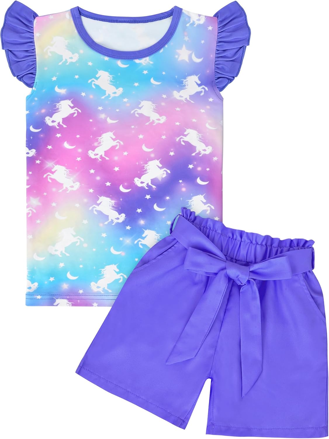 PASHOP Girls 2 Piece Outfits Summer Ruffle Trim Tops and High Waist Shorts Clothing Sets 3-8 Years