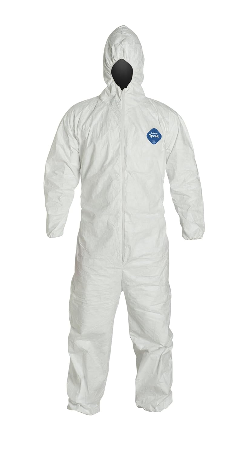 DuPont Tyvek TY127S Disposable Coverall with Respirator-Fit Hood and Elastic Cuff, White, Medium