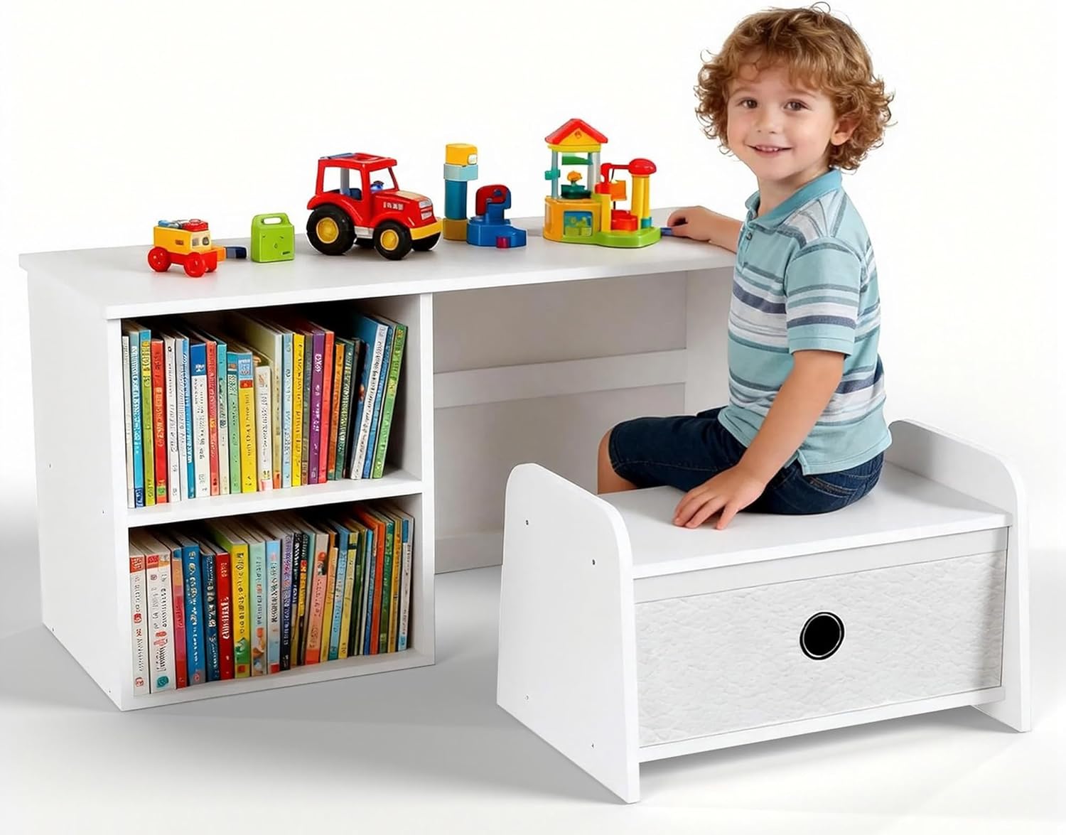 3-in-1 Toddler Bookshelf, Montessori Bookshelf with Bench, Bookshelf for Kids with Reaading Nook & Toy Organizers & Storage, Book Shelf for Kids Rooms, Nursery, Playroom, Bedroom, White