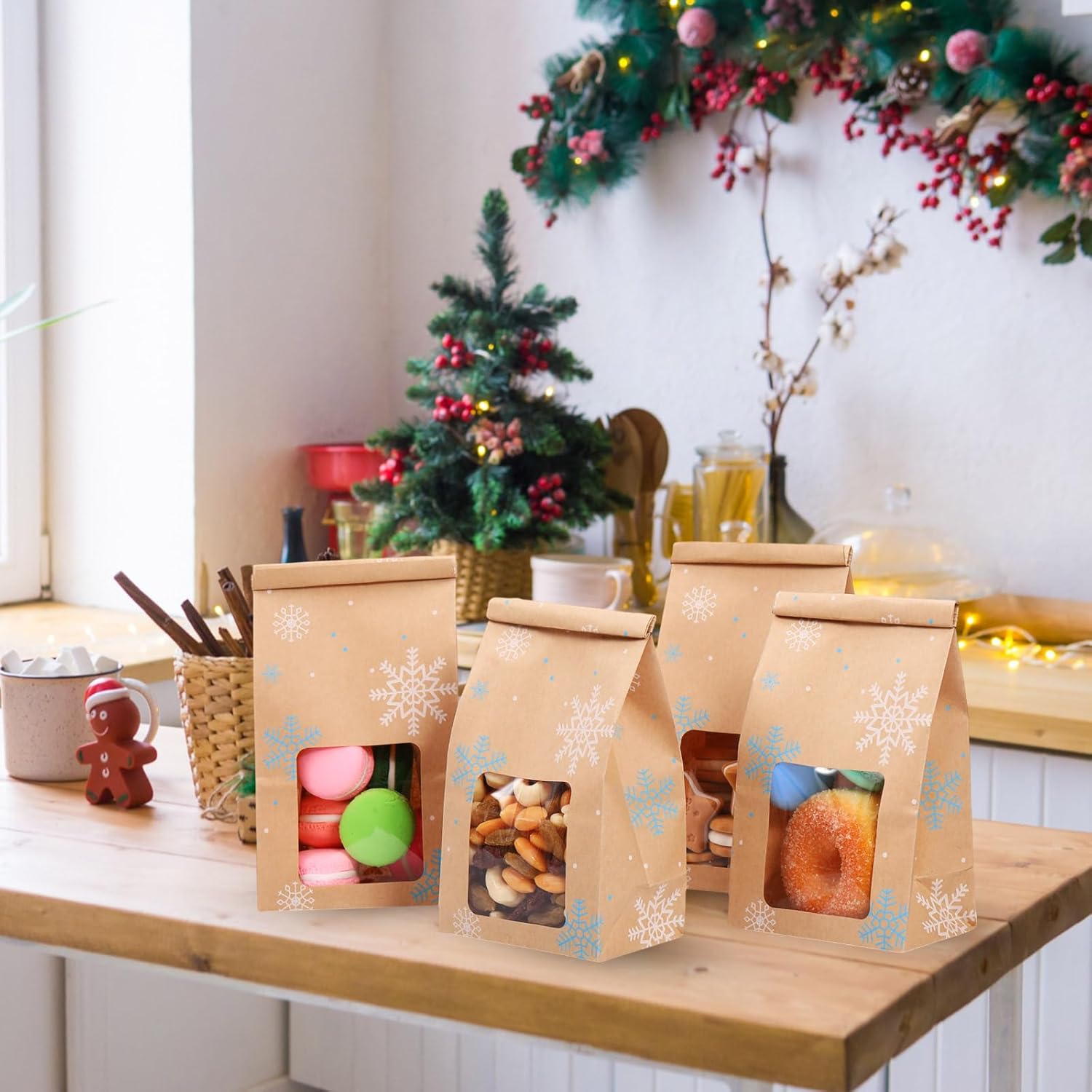 Sweetude Snowflake Bakery Bags With Window 4 x 2.36 x 6.7" Winter Kraft Paper Iron Wire Tie Tab Lock Brown for Cookies, Coffee Holiday Theme Party Favors (60 Pcs)