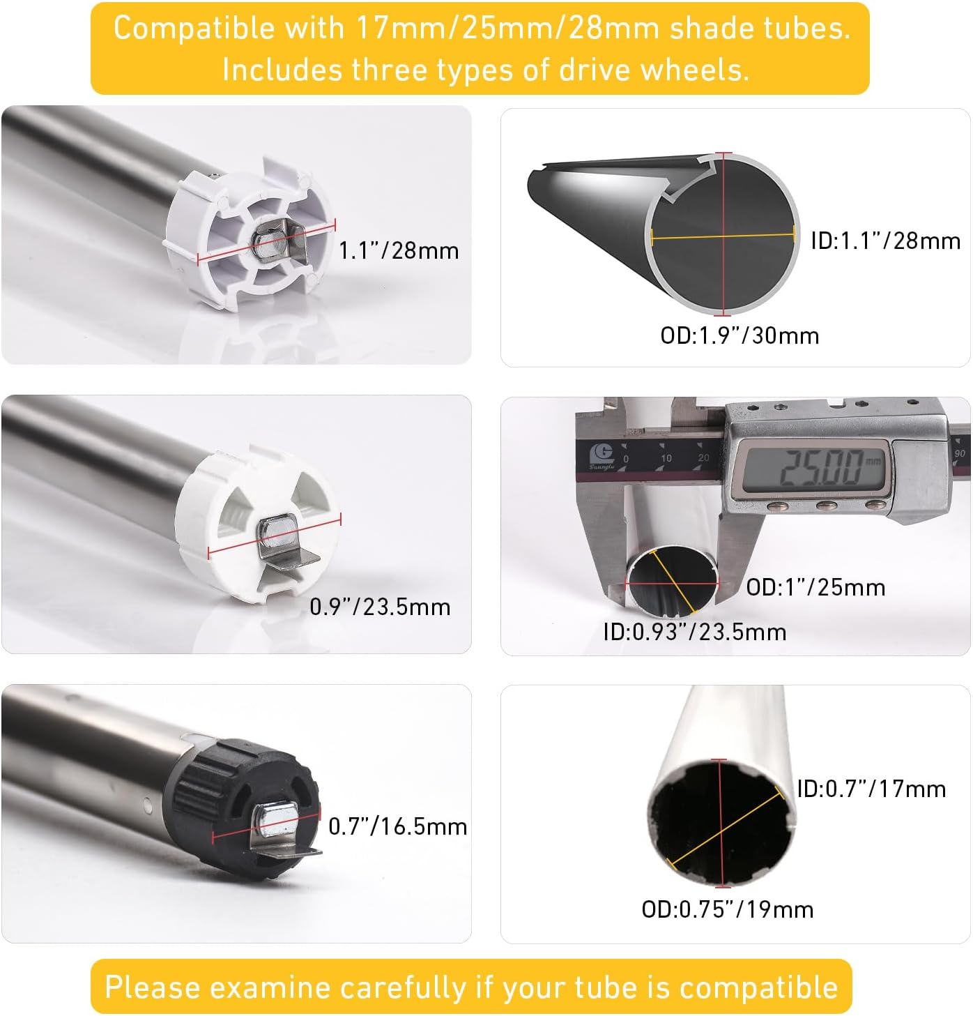 Diagram showing three different drive wheel sizes and corresponding tube dimensions (17mm, 25mm, 28mm) for compatibility with the motor.