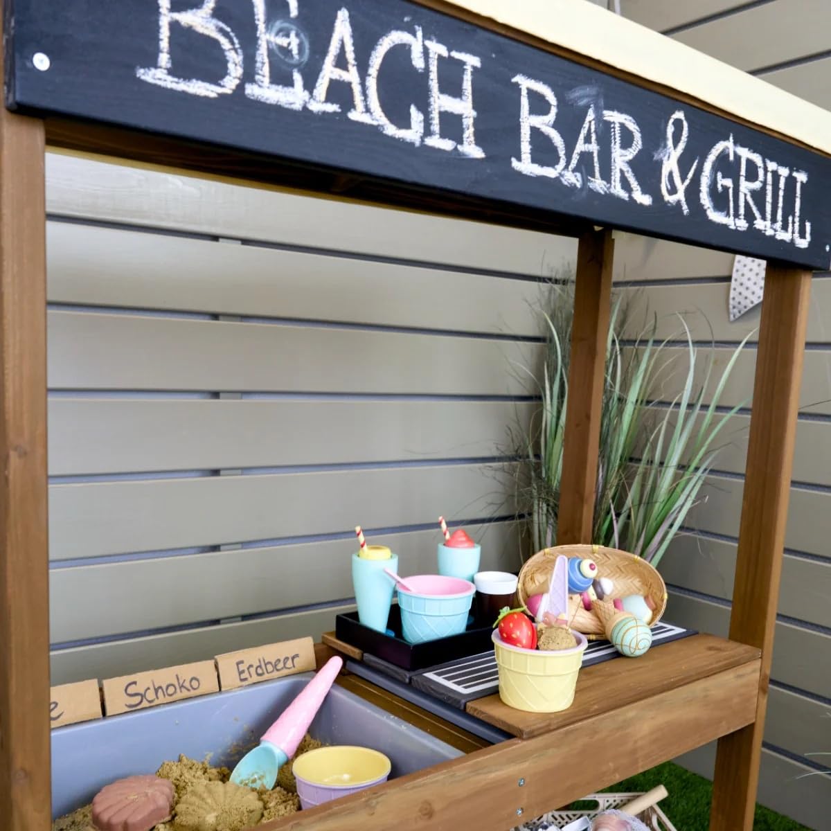 Meppi Matschküche Beach-Bar aus Holz - Outdoorküche für Kinder - Grill & Herd