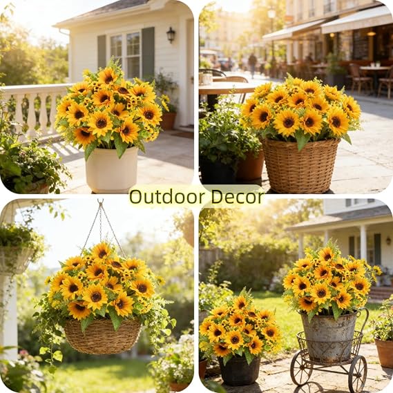 AmyHomie Artificial Sunflowers for Outdoors Fall Decor, 2 Bouquets | Garden, Patio, Wedding, Home, Centerpieces, Vase,UV Resistant, No Water,Bendable Stems, 17.7-Inch Length, 14 Large Blooms