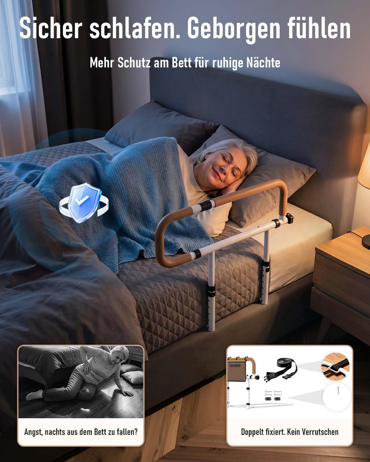 Aufstehhilfe Bett, Bettgitter für Senioren, klappbar, leicht montierbar | Stabiles Stahlgestell, Doppelfixierung mit Gurt und Schrauben, höhen- und breitenverstellbar, Tasche, bis 136 kg belastbar