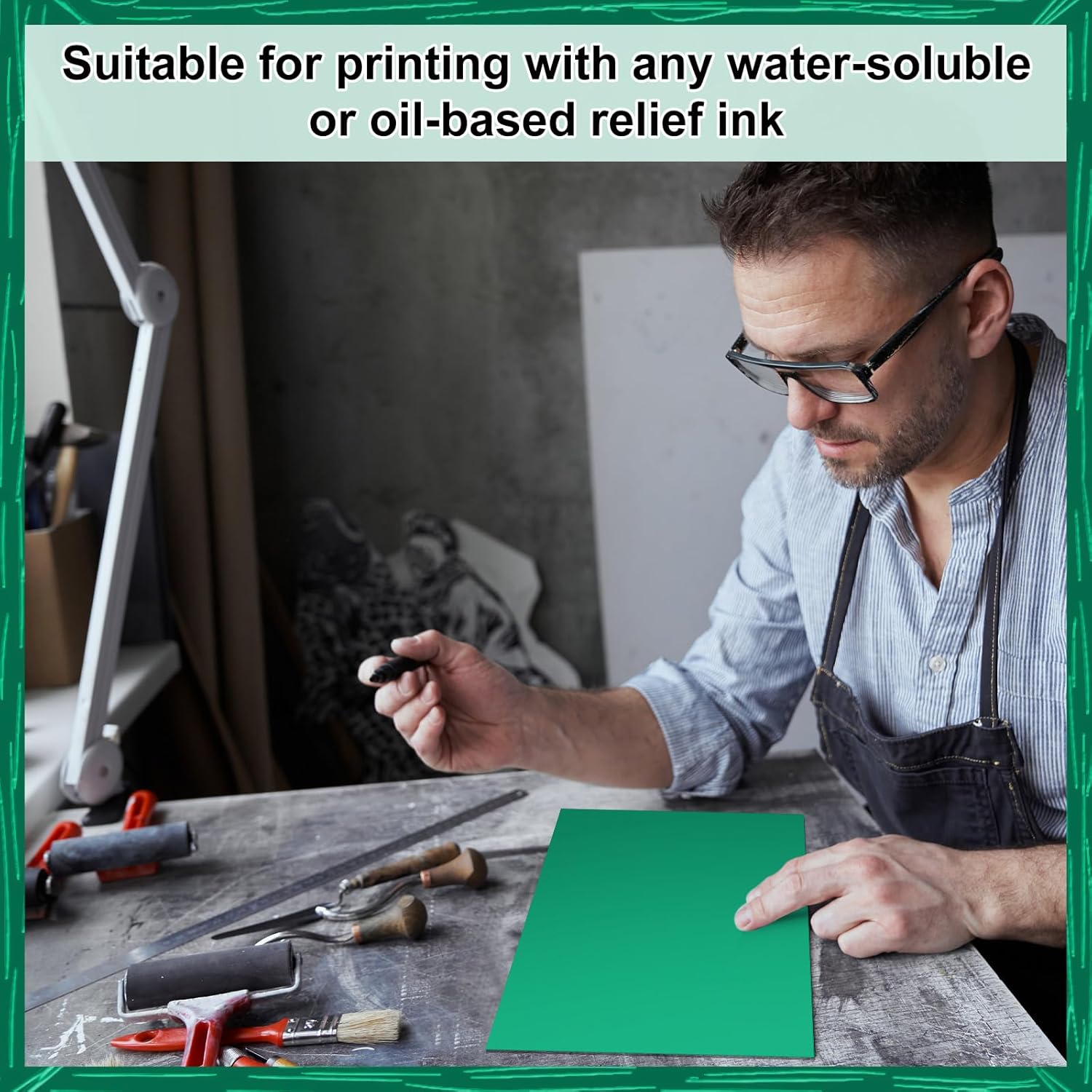 Yeaqee 8 Pcs 9 x 12 Inch Linoleum Blocks for Printmaking Rubber Carving Block Soft Linocut Blocks Large Linoleum Sheet Lino Plates for Engraving Art Project Printmaking Artist Studio Supplies, Green
