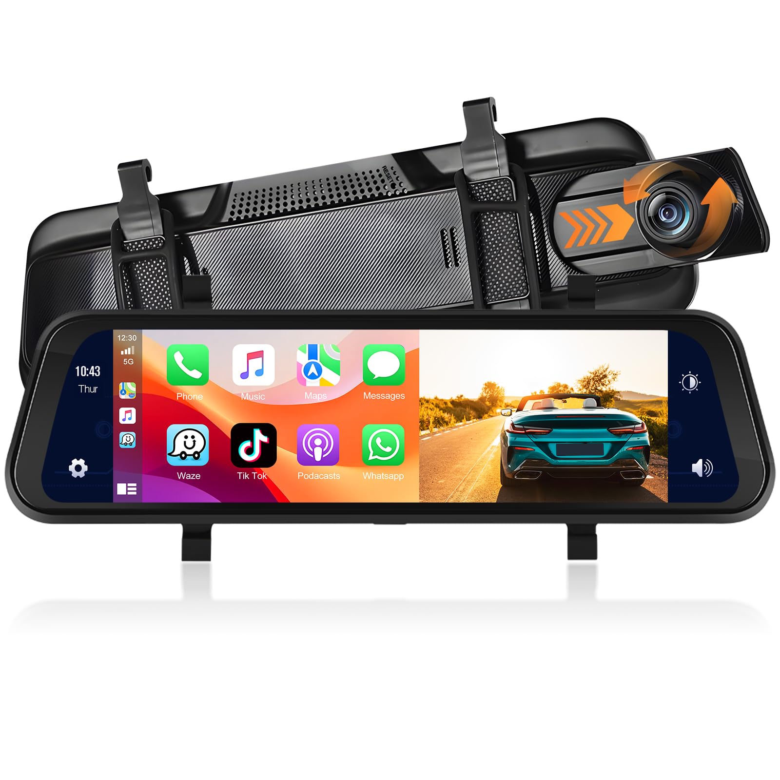 Videocamera 9.66" Specchietto Con Apple Carplay Wireless, Android Auto Con Telecamera Retromarcia HD, IPS Touchscreen Doppio 1080P Videocamera Specchietto Auto, 2 Schermi Divisibili, Bluetooth
