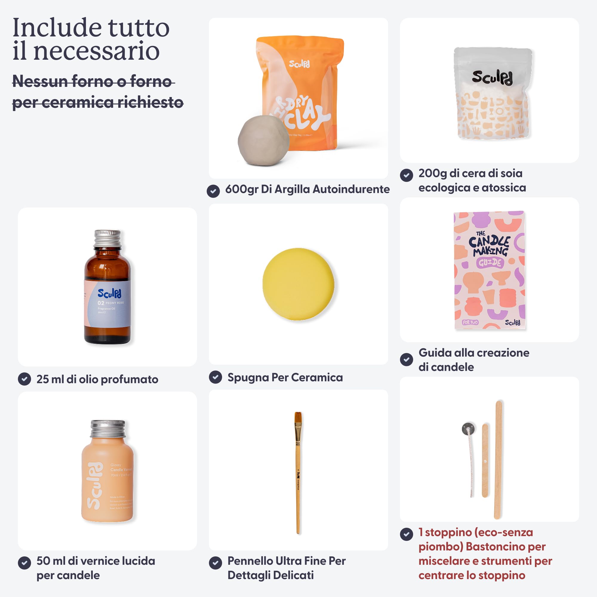 Sculpd, Kit per creare candele con argilla autoindurente, per principianti e adulti, con cera di soia ecologica, oli profumati, vernice, utensili e istruzioni (lingua italiana non garantita)