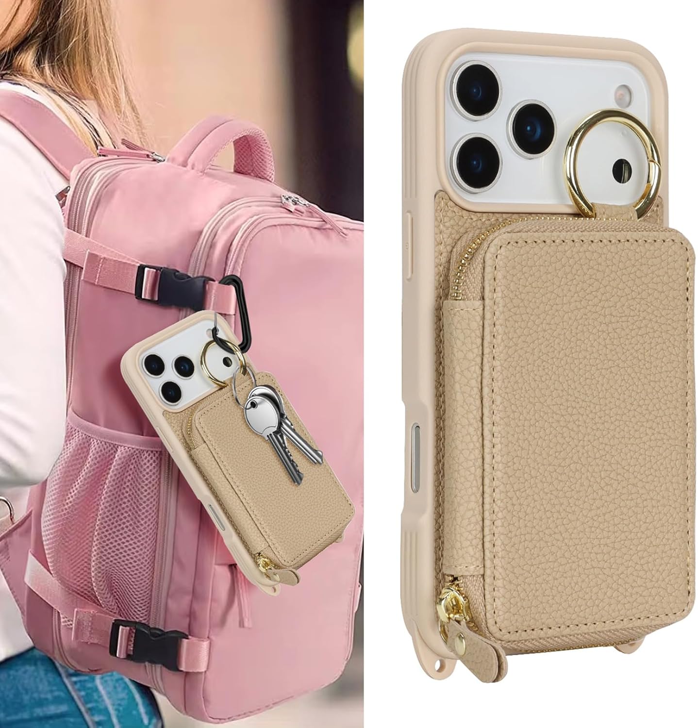 Jaorty Crossbody Wallet Case for iPhone 17 Pro with Shoulder Stap,Finger Ring, PU Leather Zipper Handbag Purse Flip Cover, Kickstand Folio Case with Card Slots Holder 5G 6.3 Inch,Beige