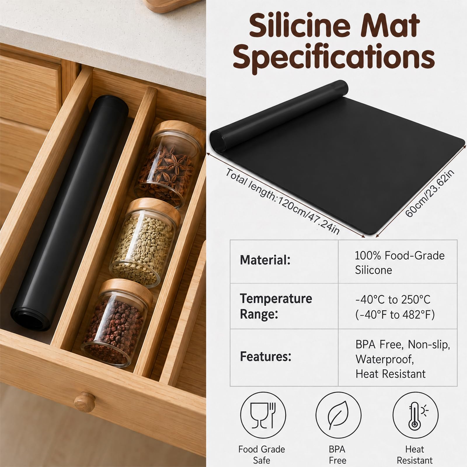 Grand tapis en silicone XXXL - 120 x 60 cm - Extra épais de 2 mm - Tapis de travail - Tapis de peinture - Résistant à la chaleur et antidérapant - Pour établi, bricolage et cuisine - Noir
