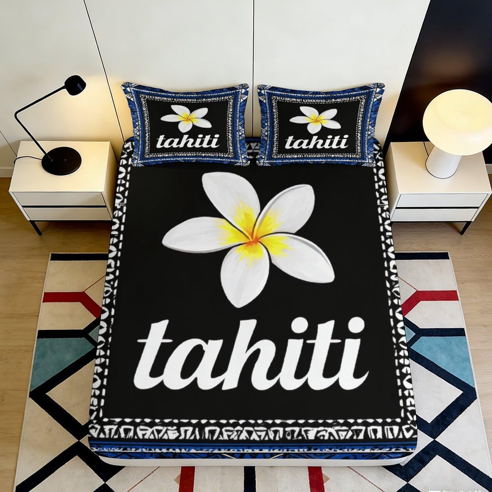 3D Printed Plumeria Flower Fitted Sheet Microfiber Soft Black Tahiti Bed Cover Non-Slip Mattress Protector Machine Washable for Bedroom Dorm Guest Room 200x200x25cm