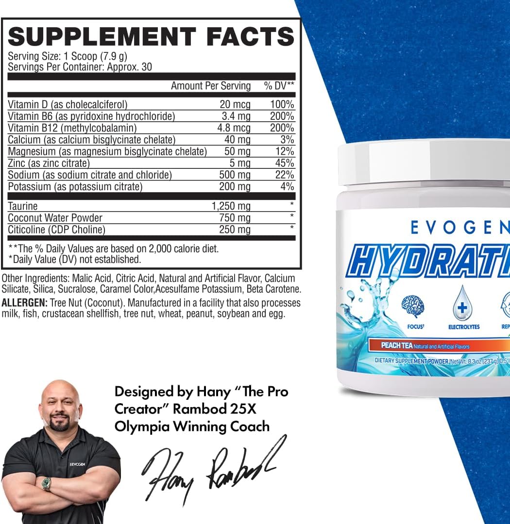 Evogen Hydration - Electrolytes Powder | Sugar-Free Electrolyte Powder Supplement for Hydration, Energy, and Recovery | Coconut Water, B Vitamins, Potassium | Peach Tea| 30 Servings - Image 2