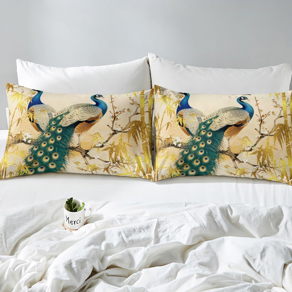 Castle Fairy Vintage Peacock Duvet Cover Set King Size Japanese Style Bedding Set for Kids Teens Room Decor Wild Birds Animal Comforter Cover Golden Leaves Quilt Cover,2 Pillowcases,No Comforter