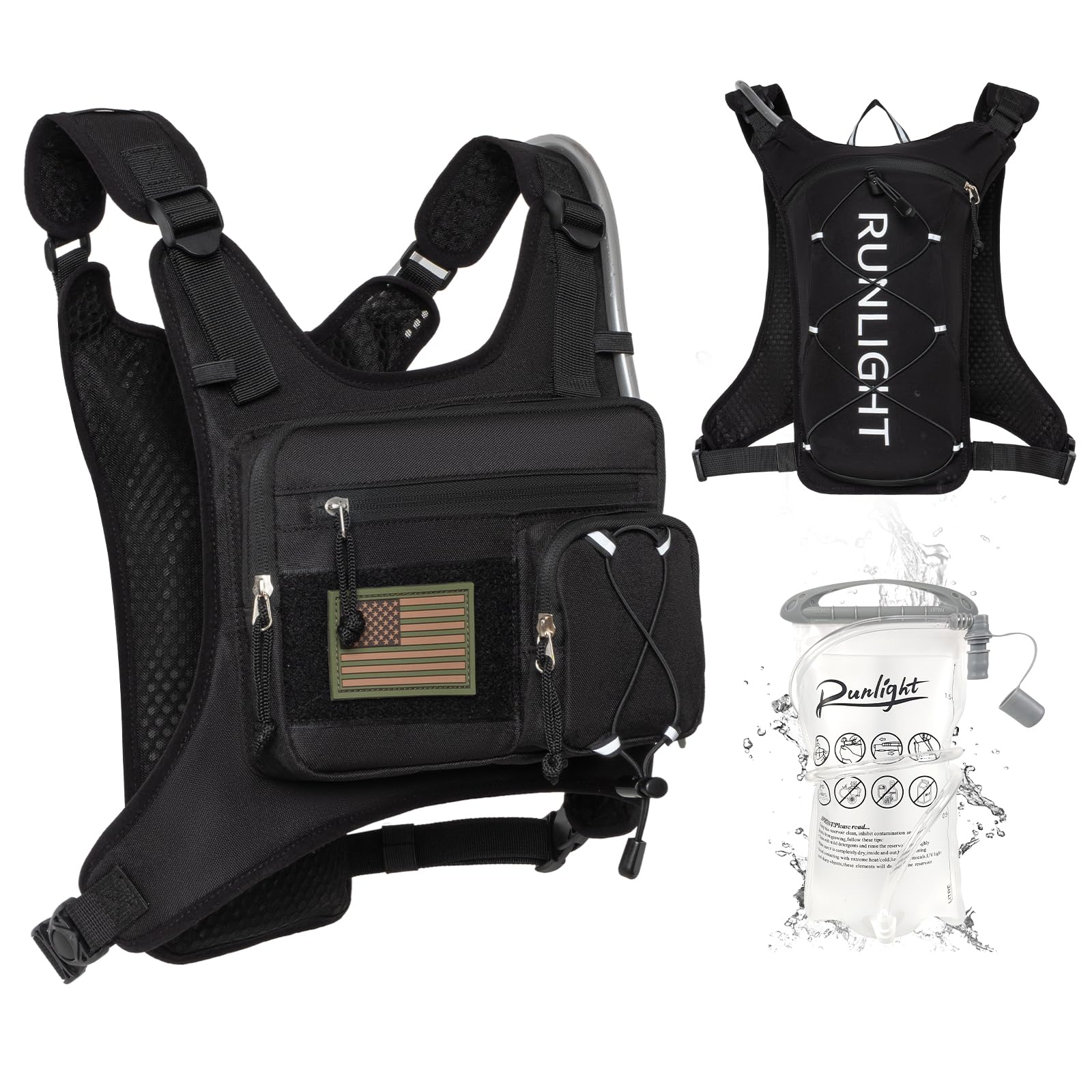 Laufweste, leichte, verstellbare Brusttasche mit Pistolenholster, Tasche mit 1,5-l-Wasserblase, reflektierende Lauf-Trinkweste für Damen und Herren zum Wandern beim Marathon（Schwarz）
