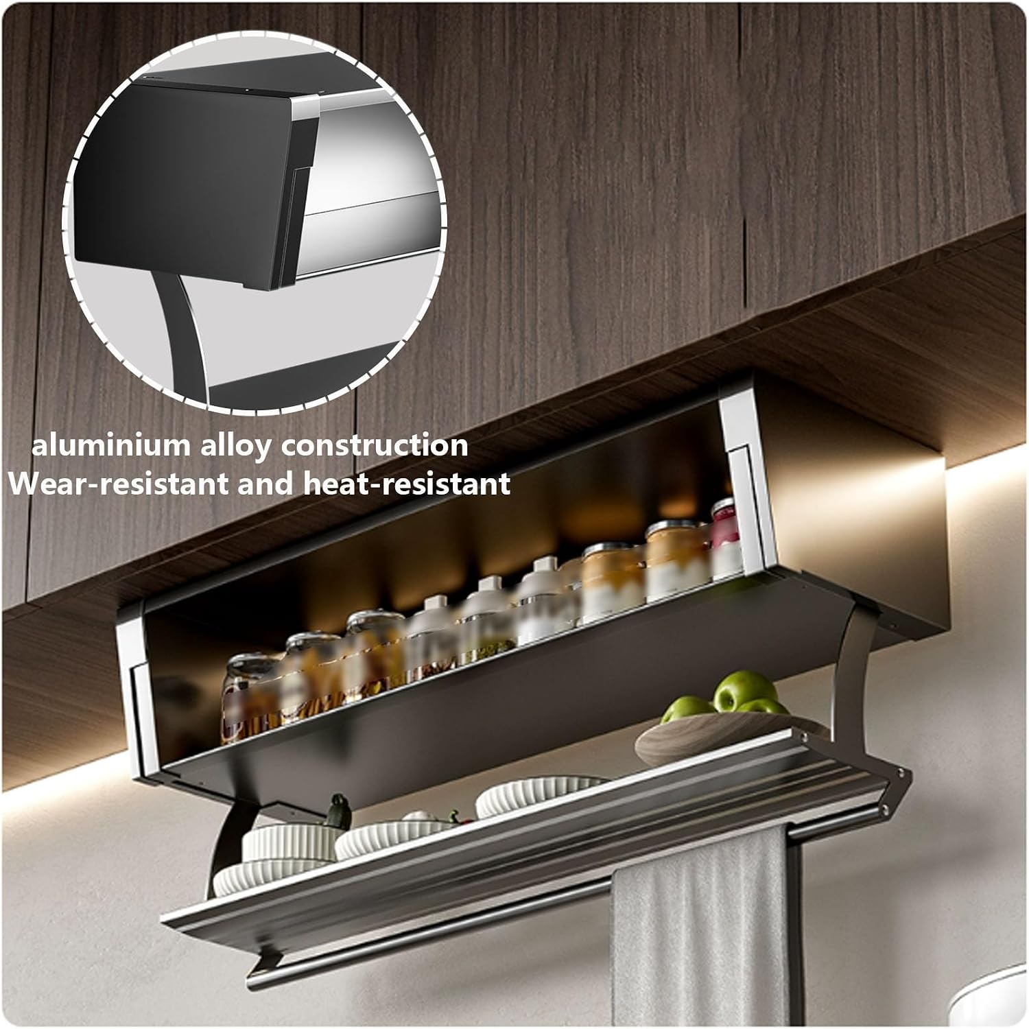Pull-Out Cabinet Organizer 2-Tier Wall Pull Down Shelf Lifting and Foldings Cabinet Available In 15.7-35.4in Freely Adjustable Suitable for Kitchens and Bathrooms 90cm/35.4in