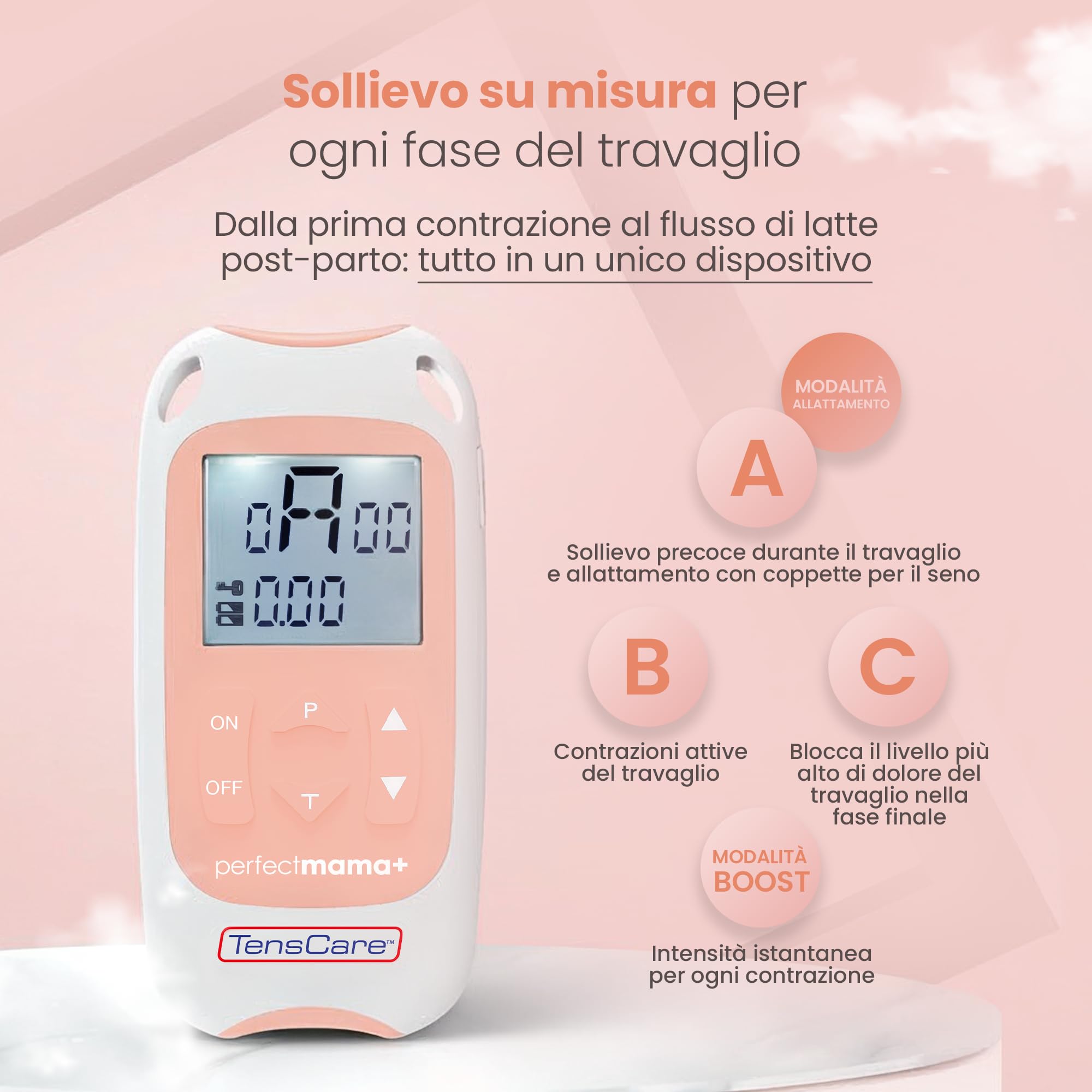 TensCare Perfect Mama+ Elettrostimolatore per Sollievo dal Dolore Durante il Travaglio e Gravidanza - Dispositivo Elettrico Sicuro per Future Mamme, Monitoraggio Contrazioni, Kit Completo