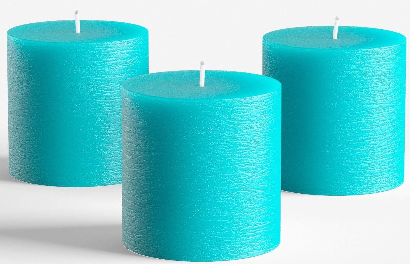 Set of 3 Pillar Candles 3" x 3" Unscented Handpoured Weddings, Home Decoration, Restaurants, Spa, Church Smokeless Cotton Wick - Turquoise