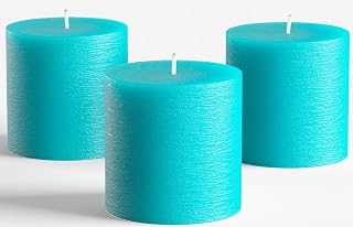Set of 3 Pillar Candles 3" x 3" Unscented Handpoured Weddings, Home Decoration, Restaurants, Spa, Church Smokeless Cotton Wick - Turquoise