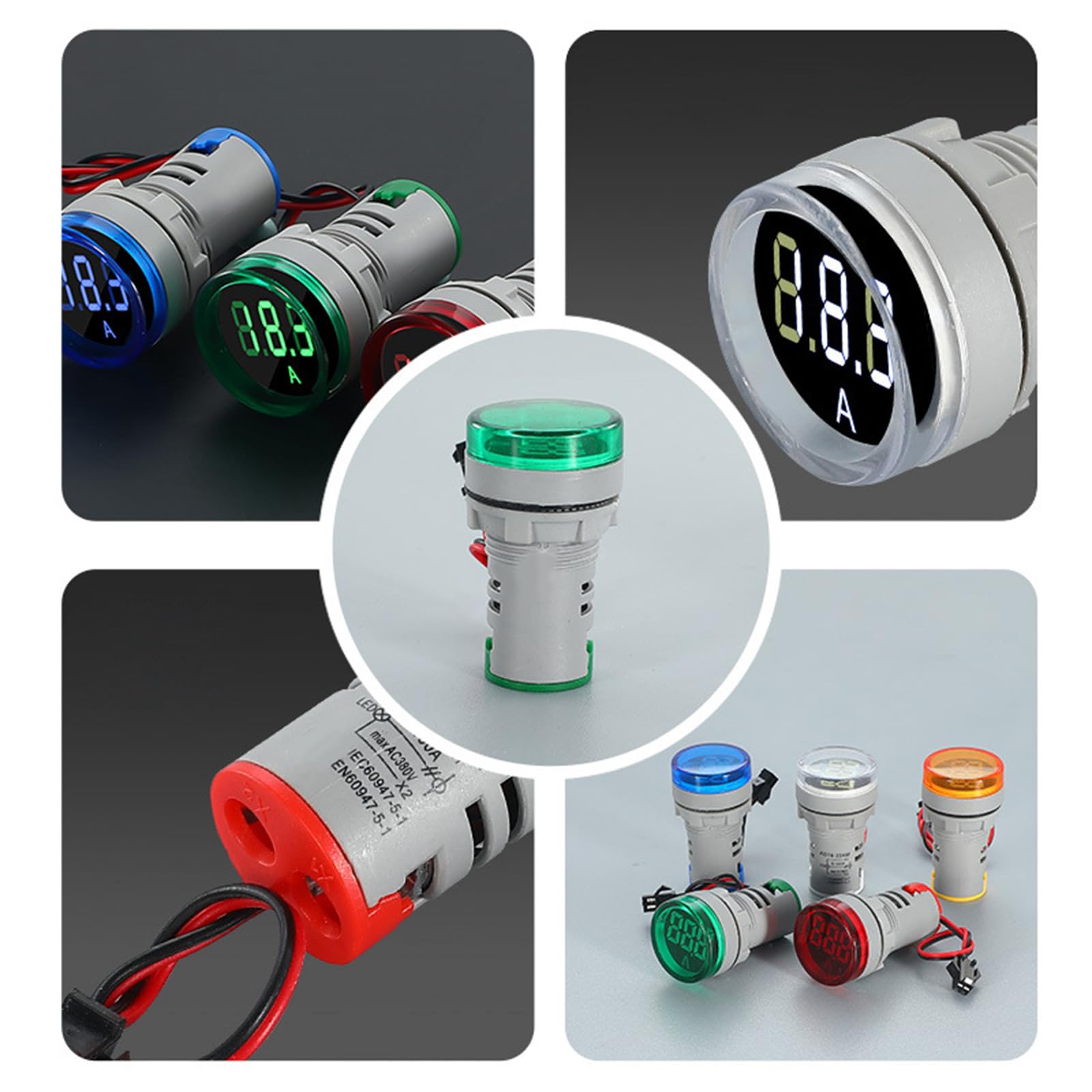 Amperímetro LED Redondo 22mm - Rango 0-100A, Para Equipos Industriales