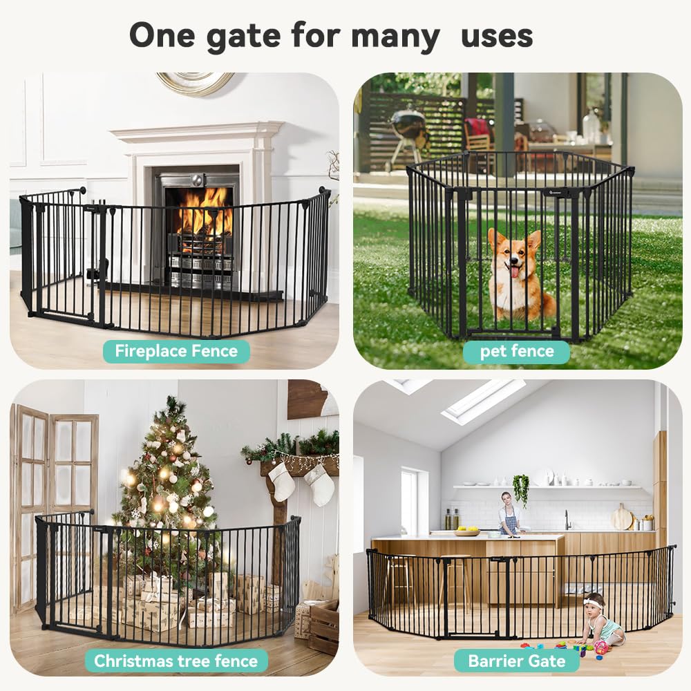 COMOMY 150" Extra Wide Baby Gate with Door, Dog Gates for The House Doorways Fireplace, Auto Close Baby Fence Play Area, Walk Through Pet Gate, Hardware Mounted Baby Gate, 6-Panels (30" Tall, Black)