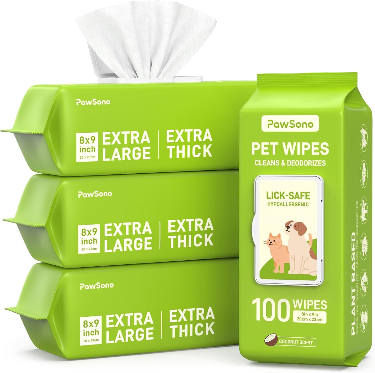 Hypoallergenic Pet Wipes for Dogs, Cats & Small Animals, 400 Coun | Quick Clean & Deodorize Paws, Butt, Eyes, Face & Fur | Daily Grooming Wipes | Extra Large & Thick | Coconut Scented