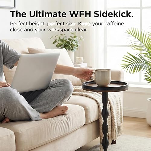 Vista 5 de Small Round Side Table,Drink Table with Weighted Base,Industrial Metal & Wood Pedestal End Table with Tray Top, Martini Table for Small Spaces