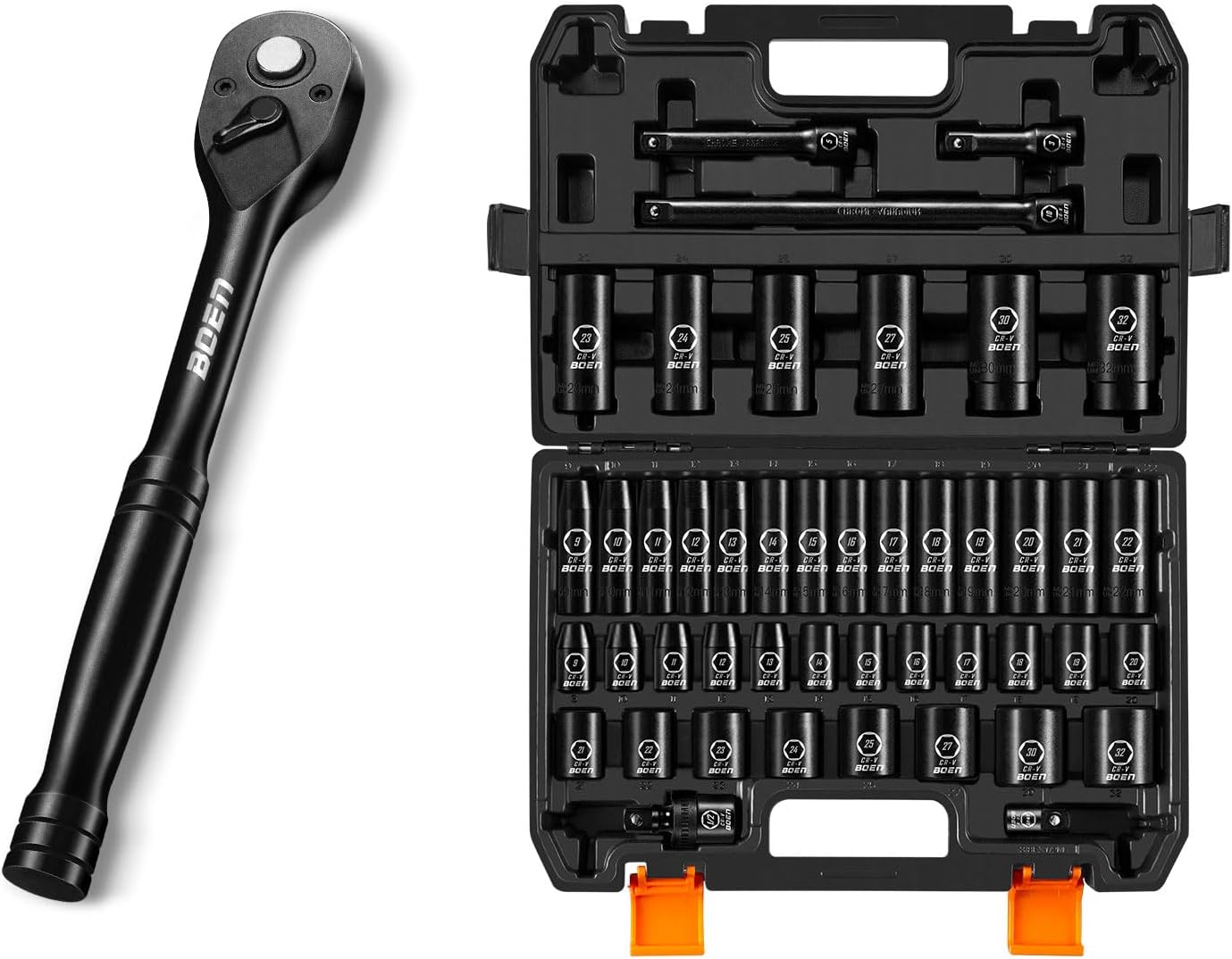 1/2" Drive Impact Socket Set, 45 Piece Deep & Shallow Metric Socket Set 9mm to 32mm + 1/2" Drive Ratchet Wrench