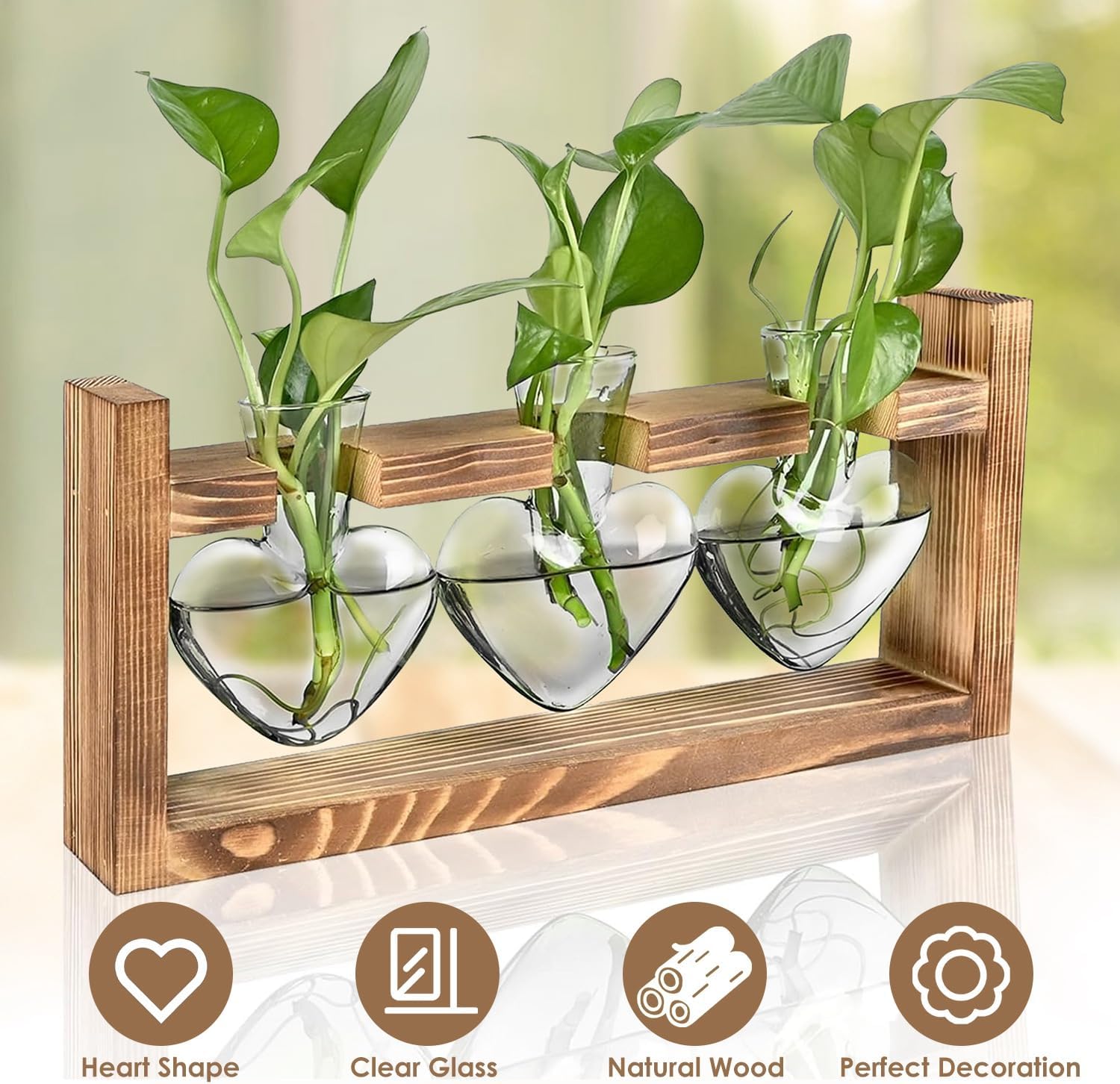 Plant Propagation Station, Plant Terrarium with Wooden Stand, Tabletop Glass Planter Desktop Plants Propagation Vase for Hydroponics Plants - 3 Heart Shaped Vases - Image 2