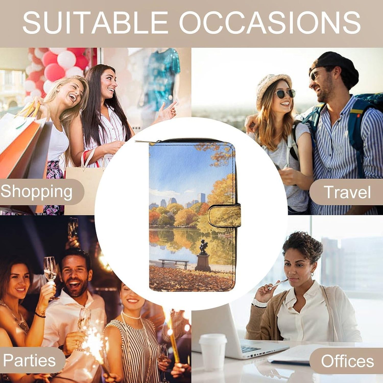Central Park Autumn Scene Wallet,PU Leather Material, Small Wallet,Bifold with Zipper, Travel Wallet,Compact And Portable for Men And Women 7.8 * 4.3 * 1.4 Inches