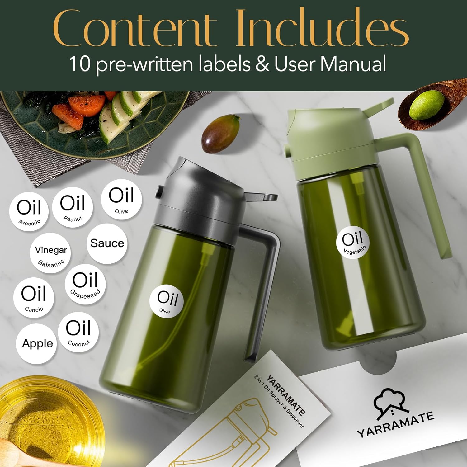 YARRAMATE 16oz/470ml Light-Blocking Dark Oil Sprayer for Cooking, 2 in 1 Olive Oil Dispenser Bottle for Kitchen, Premium Dark Green Glass Oil Bottle, Food-Grade Oil Mister for Air Fryer, BBQ (Black)