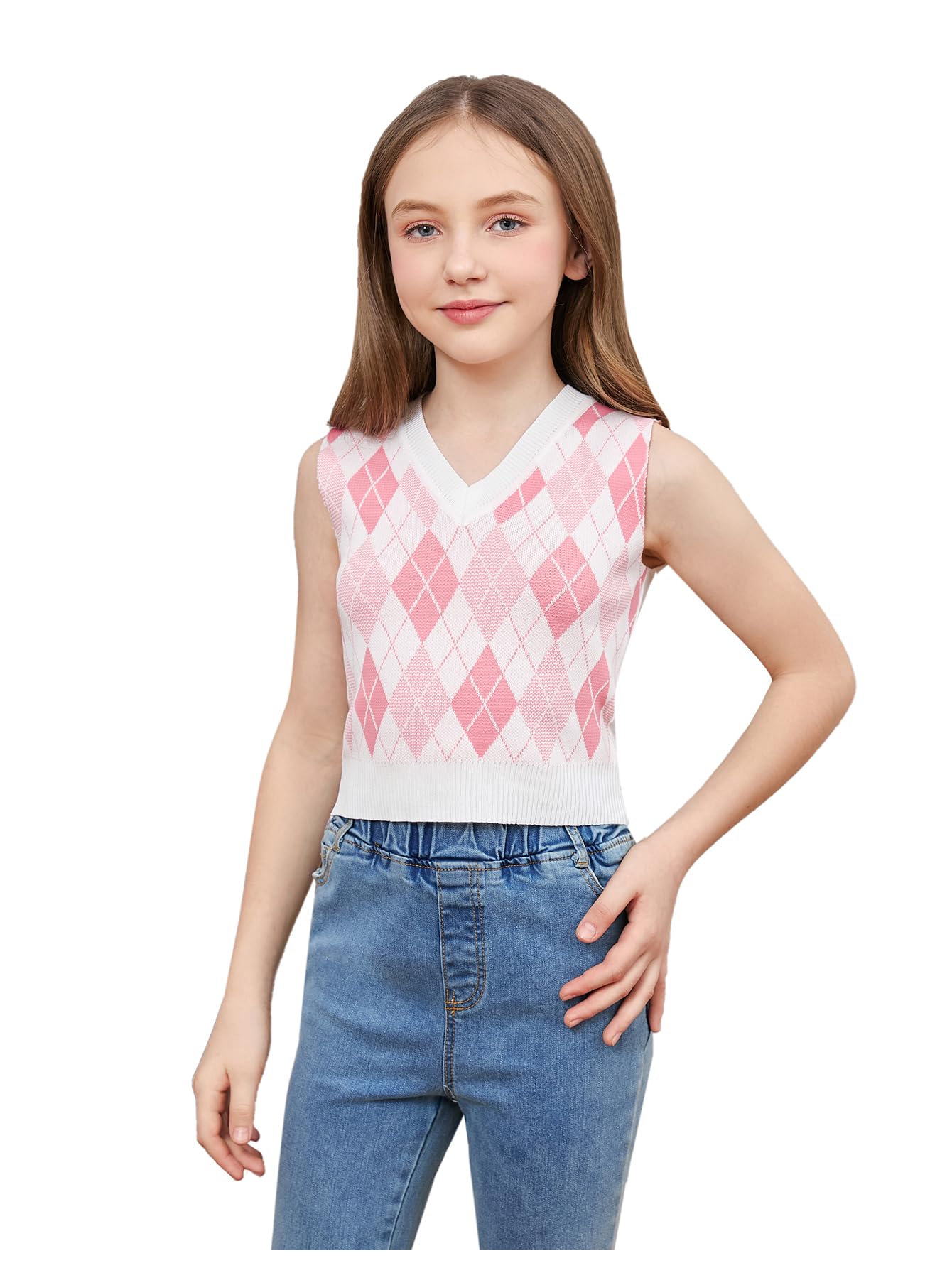 OYOANGLE Girl's Argyle Plaid V Neck Sweater Vest Sleeveless Preppy Casual Pullover Knitted Tank Tops Multicolor 11-12Y