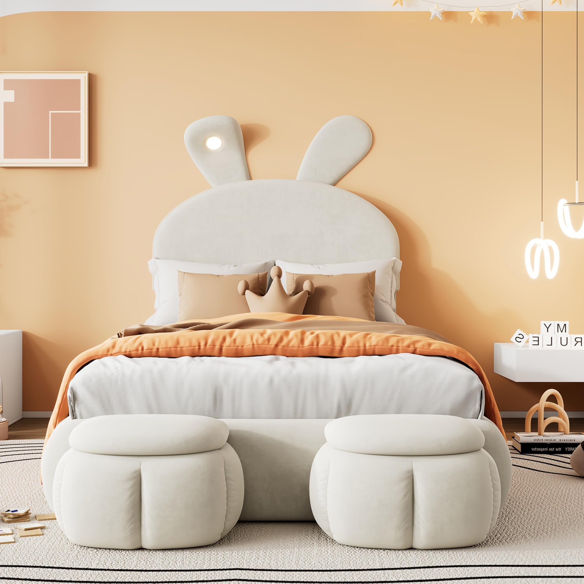 Letto imbottito da 90 x 200 cm, letto per bambini con 2 sgabelli di stoccaggio e illuminazione LED per comodino, orecchie di coniglio pieghevoli, struttura del letto LED per ragazze, letto per ragazzi