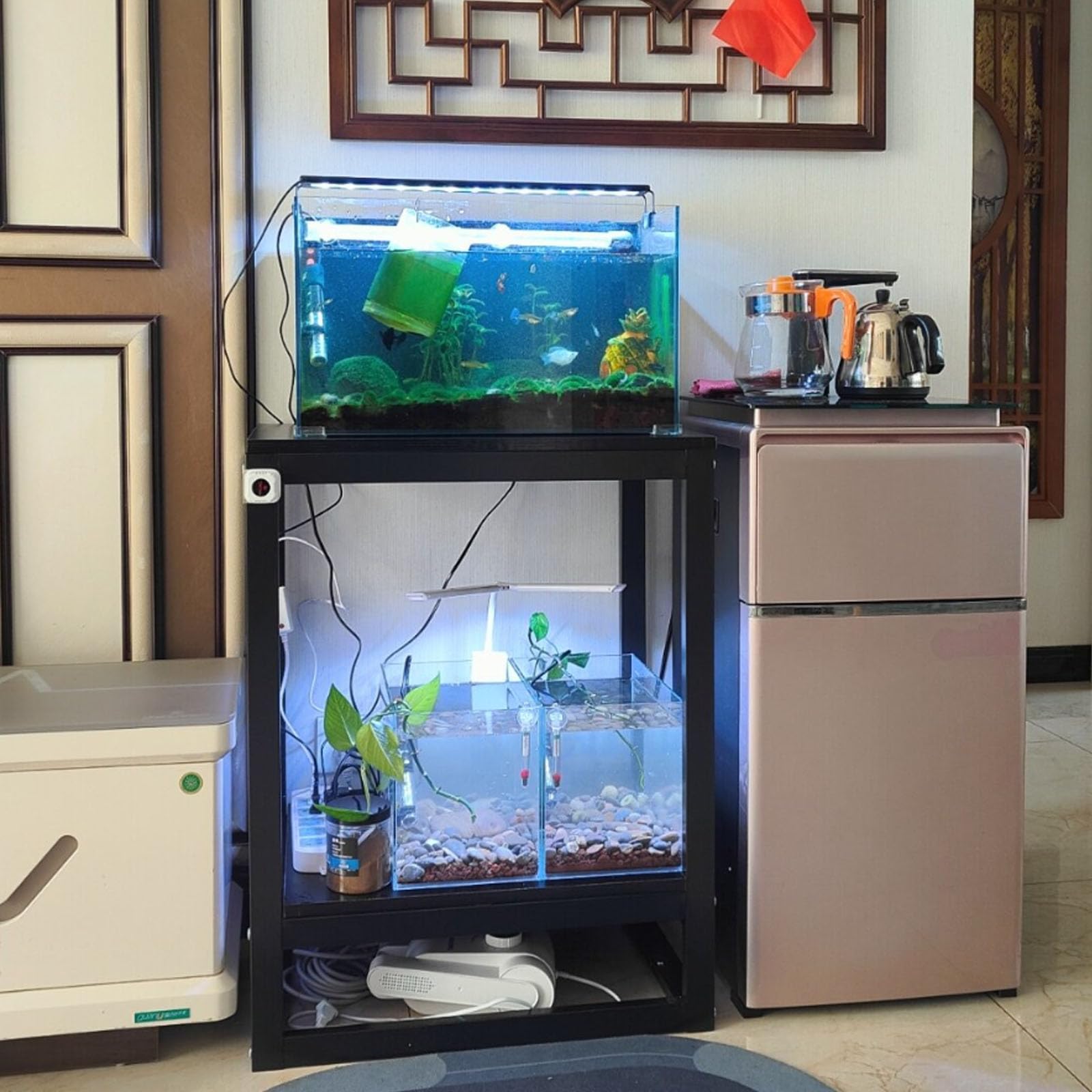 Support d'aquarium en métal pour aquarium, rangement double couche avec cadre en acier épais, design multicouche, idéal pour les salons et les bureaux, 80 cm de haut